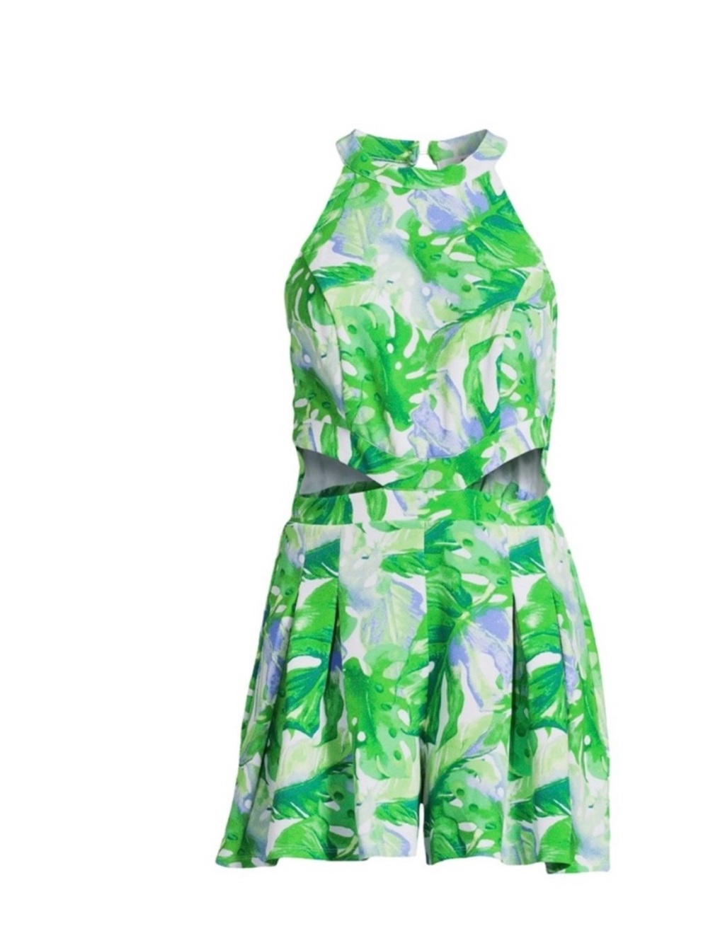 Madden NYC Juniors’ Green Palm Halter Romper with Waist Cut Outs Size Large